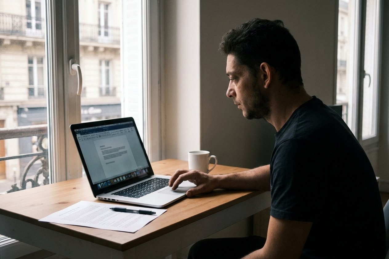 Au bureau, devant la fenêtre, laptop et page imprimée. Sommaire, Méthode, Formats, fiches.