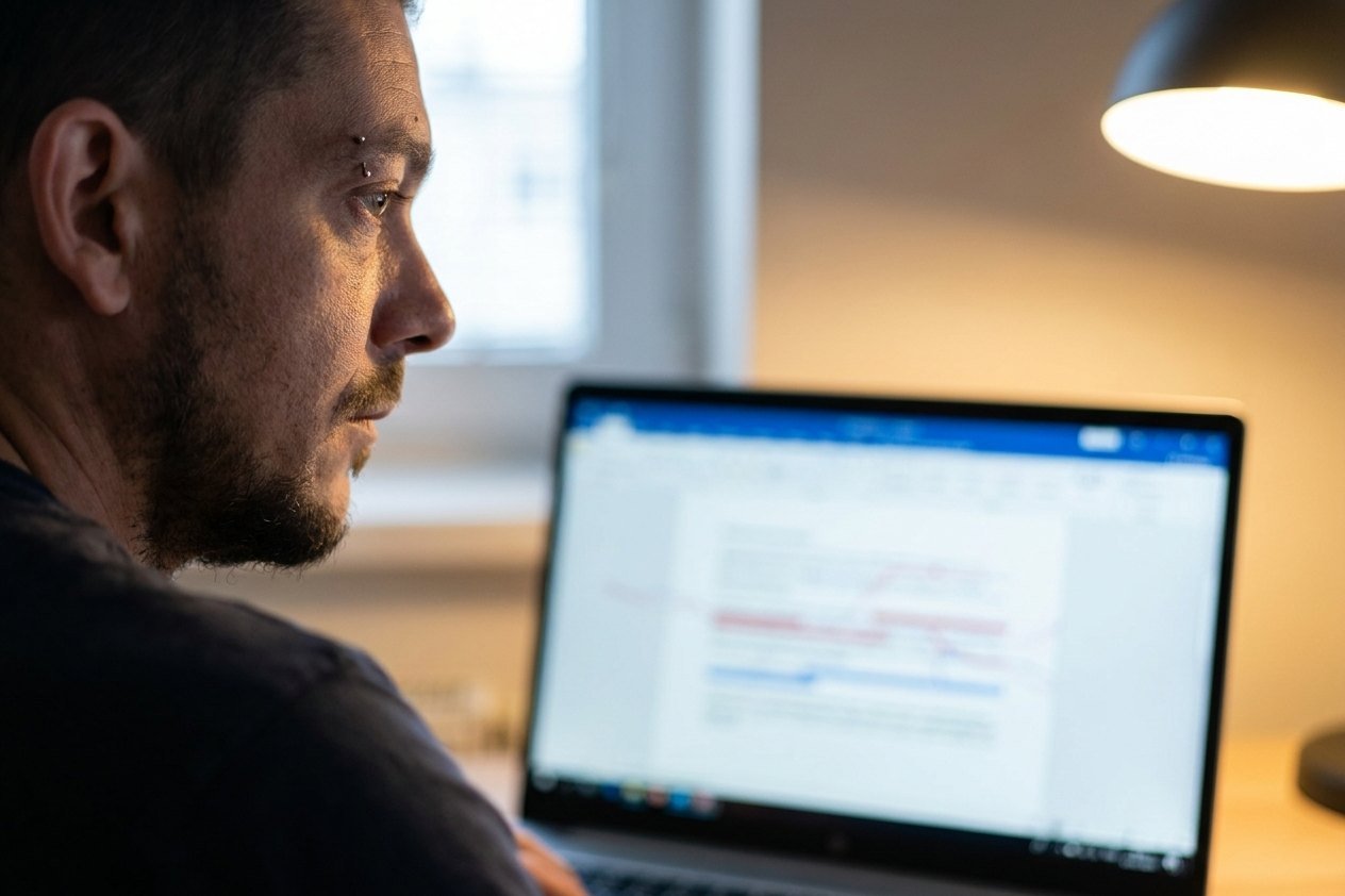 De profil devant l'écran, texte en suivi des modifications. Relecture, Ghostwriting.